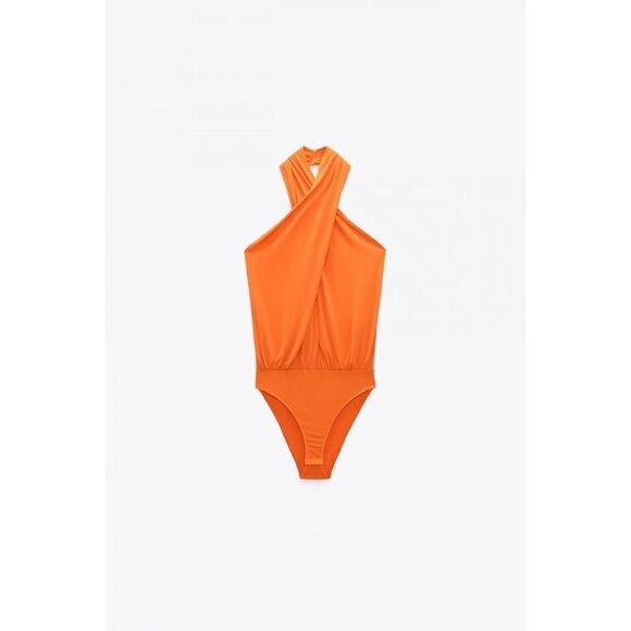 NWOT Zara Bright Orange Draped Crossover Halter Neck Top Bodysuit, Size Small - Picture 7 of 14